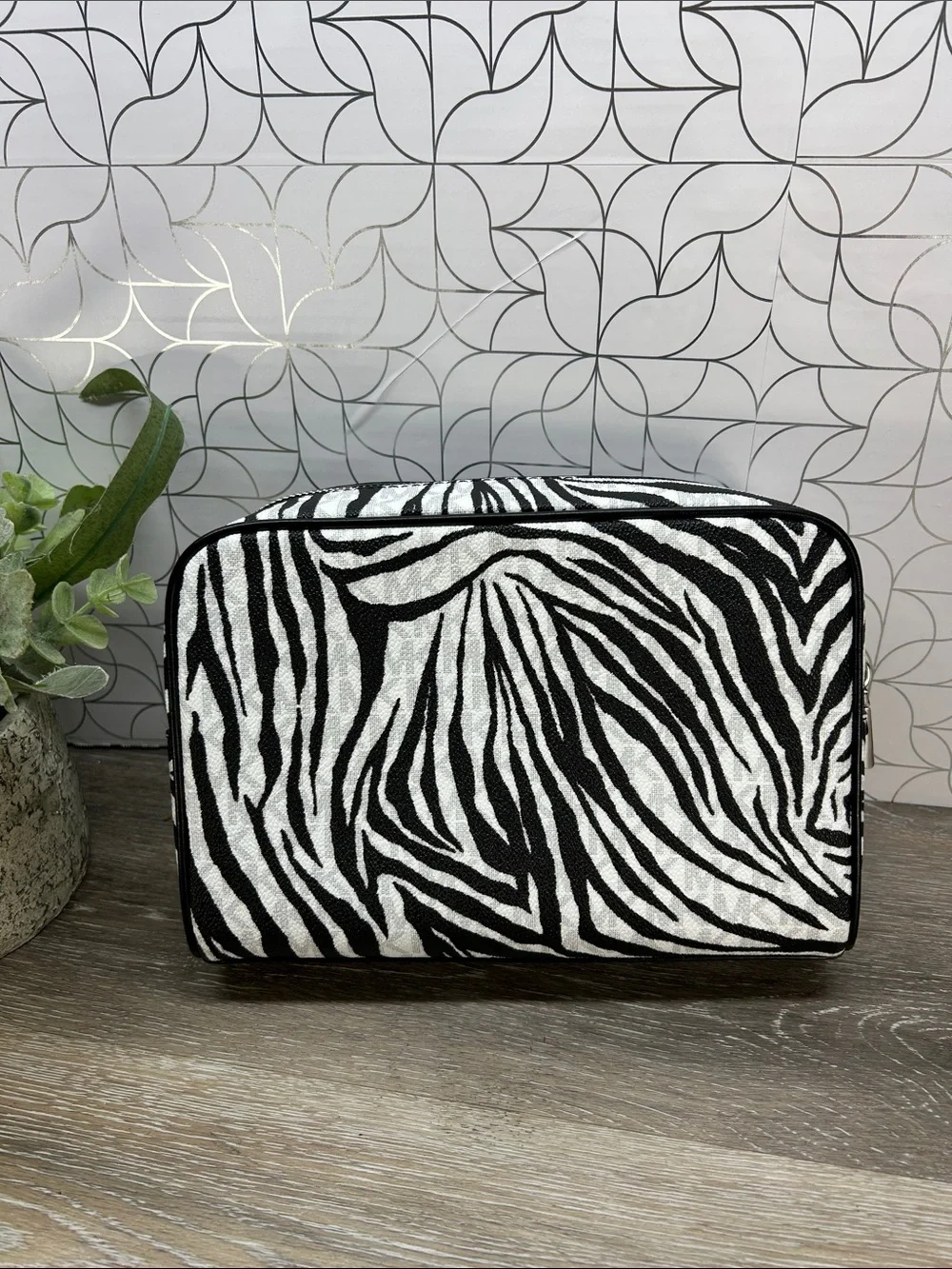 NWOT Michael Kors Zebra Print Canvas Cosmetic Pouch - Black & White